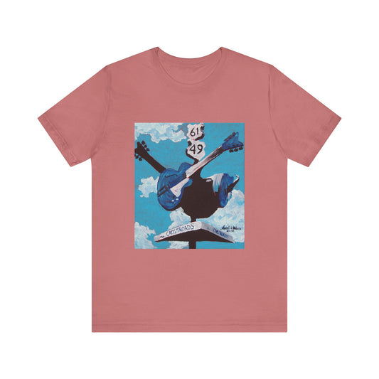 "Crossroads" tshirt featuring a painting by Noto the Artist. Sky Blue Guitar Graphic Tee, Music Lover Gift, Artsy Casual Wear, Concert T-shirt, Festival Outfit