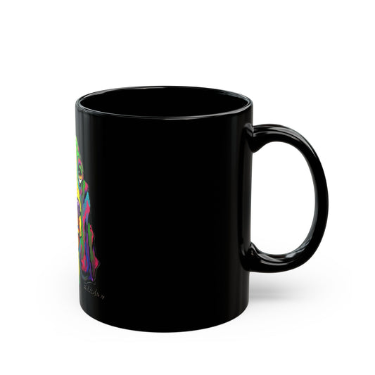 Colorful Dog Art Black Mug featuring the "Rainbow Basset" painting by Noto the Artist- Unique Gift for Dog Lovers, Pet Owners, Birthdays, Coffee Lovers, Art Enthusiasts