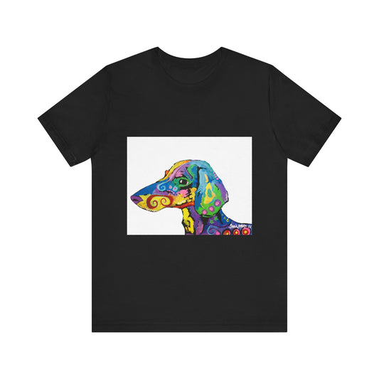 "Rainbow Dachsund" featuring artwork by Noto the Artist. Colorful Dog Art Tee, Unisex T-Shirt, Pet Lover Gift, Artistic Dog Shirt, Fun Graphic Tee, Casual Wear, Dog Mom Apparel