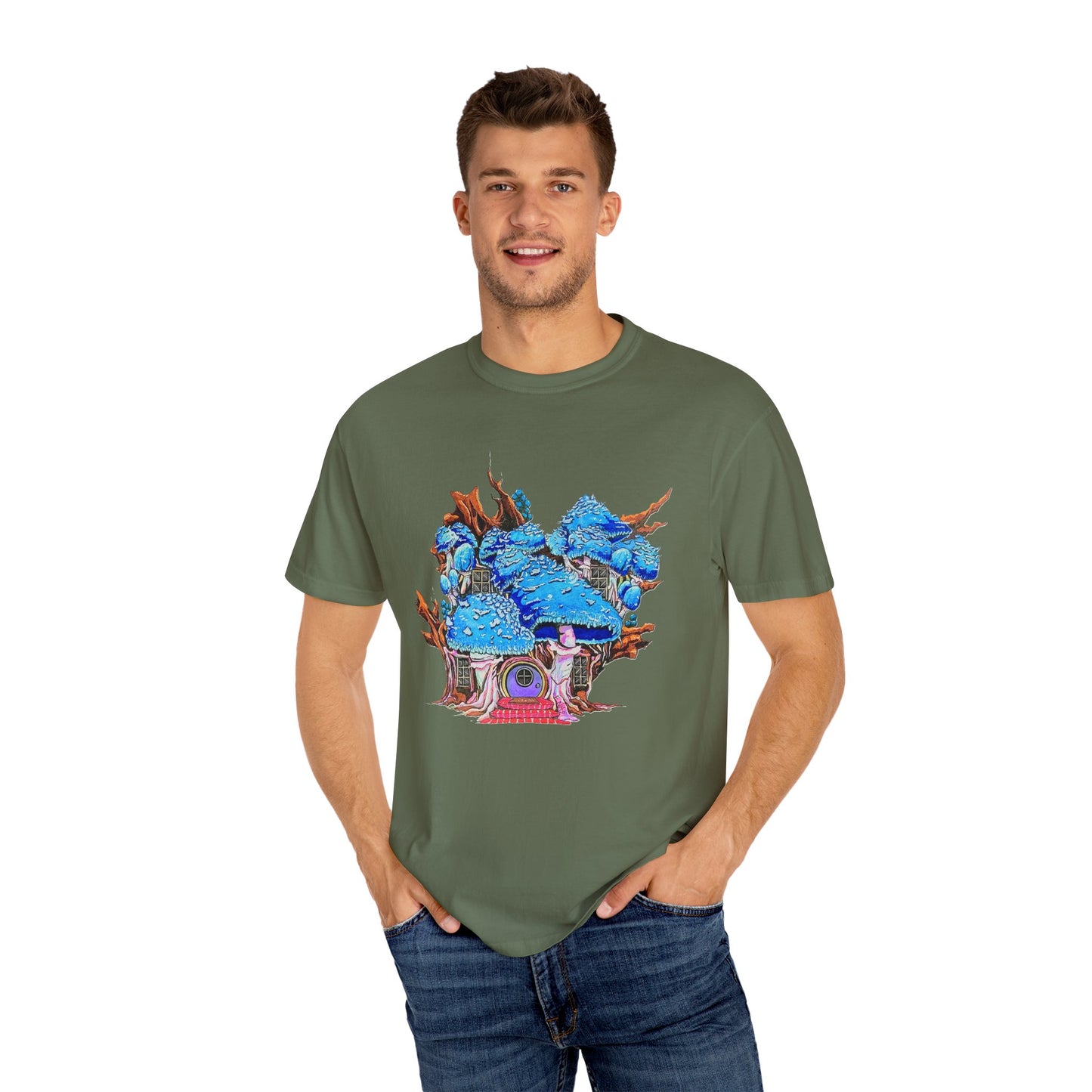 "Blue Mushroom House" T-shirt featuring artwork by Frank Noto