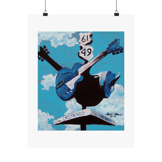 "Crossroads" poster print of original artwork by Noto the Artist. Colorful Guitar Road Sign Art Print, Matte Vertical Poster, Perfect for Music Lovers, Home Decor, Gift for Musicians, Wall Art Decoration
