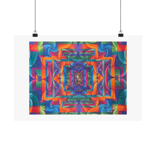 "I can see the Moon through my window" hand illustrated artwork print. Abstract Geometric Kaleidoscope Poster — Vibrant Symmetry Matte Horizontal Print