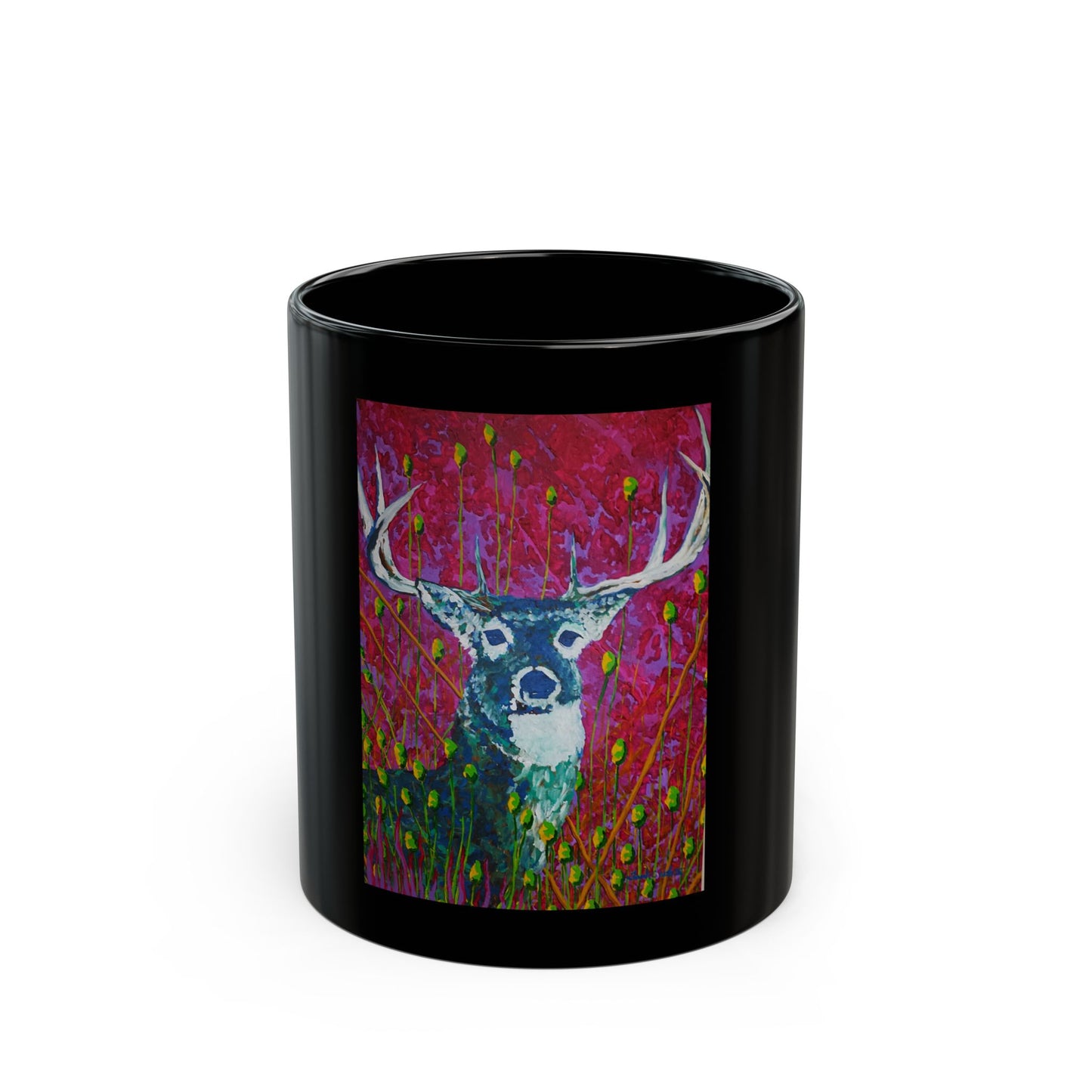 "Blue Deer" Mug featuring artwork by Frank Noto. Elegant Black Mug - Ideal for Coffee Lovers, Gift for Birthdays, Home or Office Use, Stylish Drinkware
