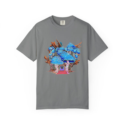 "Blue Mushroom House" T-shirt featuring artwork by Frank Noto