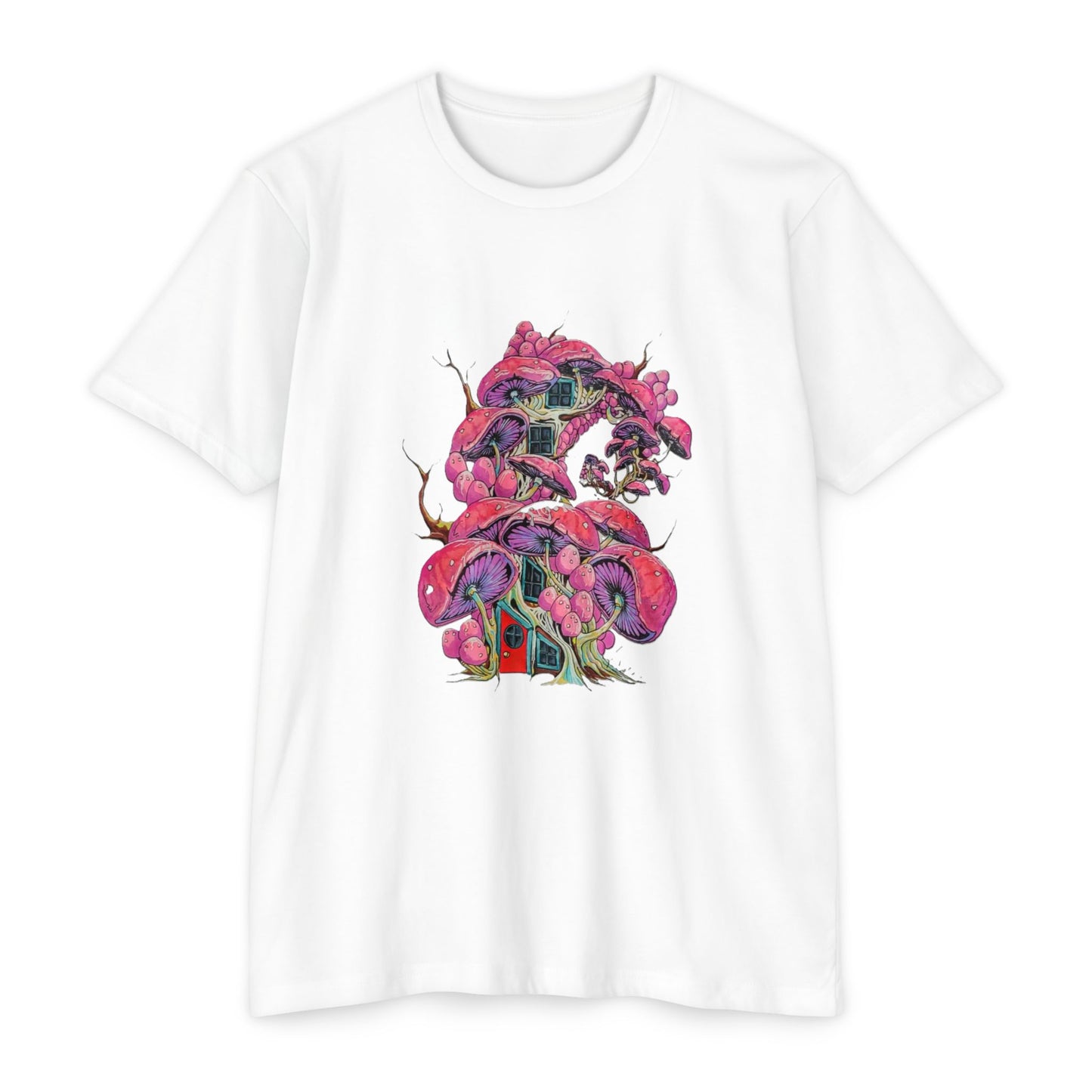 "Pink Mushroom House" artwork by Noto the Artist. Vibrant Artistic T-Shirt, Colorful Tee, Unisex Graphic Shirt, Casual Wear, Gift for Art Lovers, Stylish Everyday Top