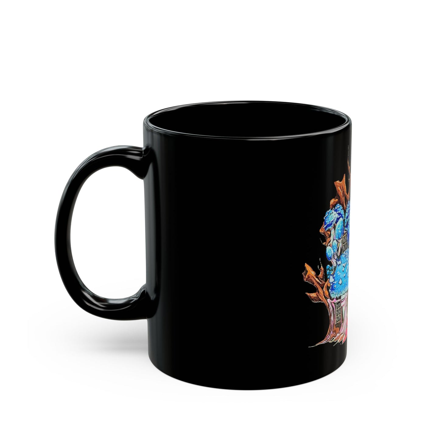 "Blue Mushroom House' Mug. with illustration by Frank Noto. Enchanting Fantasy-Themed Black Mug | Perfect for Coffee Lovers, Gift for Friends, Cozy Vibes, Home Decor, Unique Art