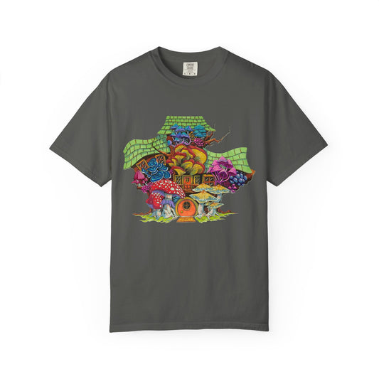 "Rainbow Mushroom House" T-shirt with artwork by Frank Noto