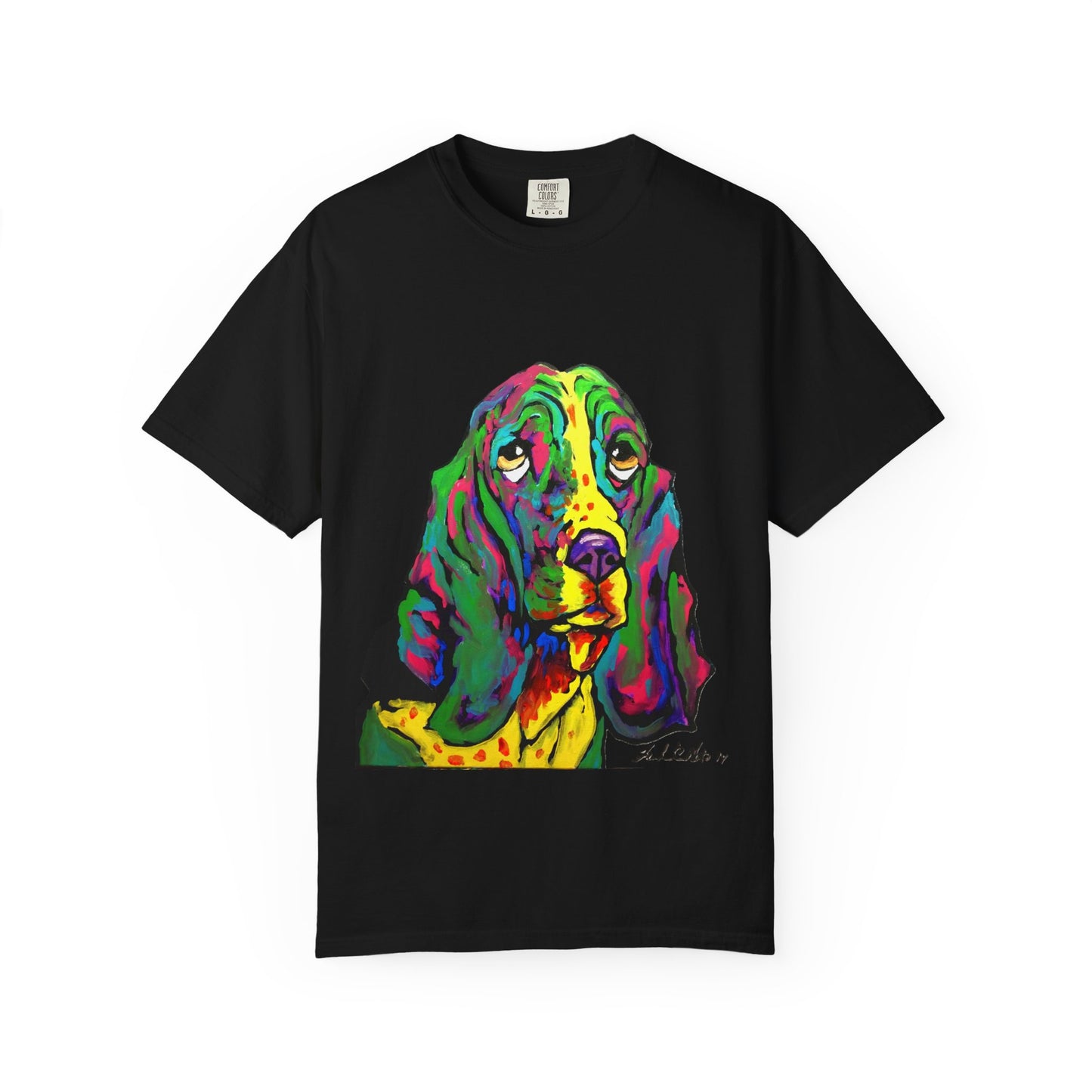 Colorful Dog Art T-Shirt, Unisex Garment-Dyed Tee, Pet Lover Gift, Fun Graphic Shirt, Artistic Apparel, Animal Art Apparel featuring "rainbow basset" painting by noto the artist