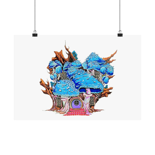 "Red Spotted Mushroom House" print poster of artwork by Frank Noto. Whimsical Mushroom House Poster Art, Magical Decor, Fairy Tale Wall Art, Home & Nursery Decoration, Unique Gift Idea