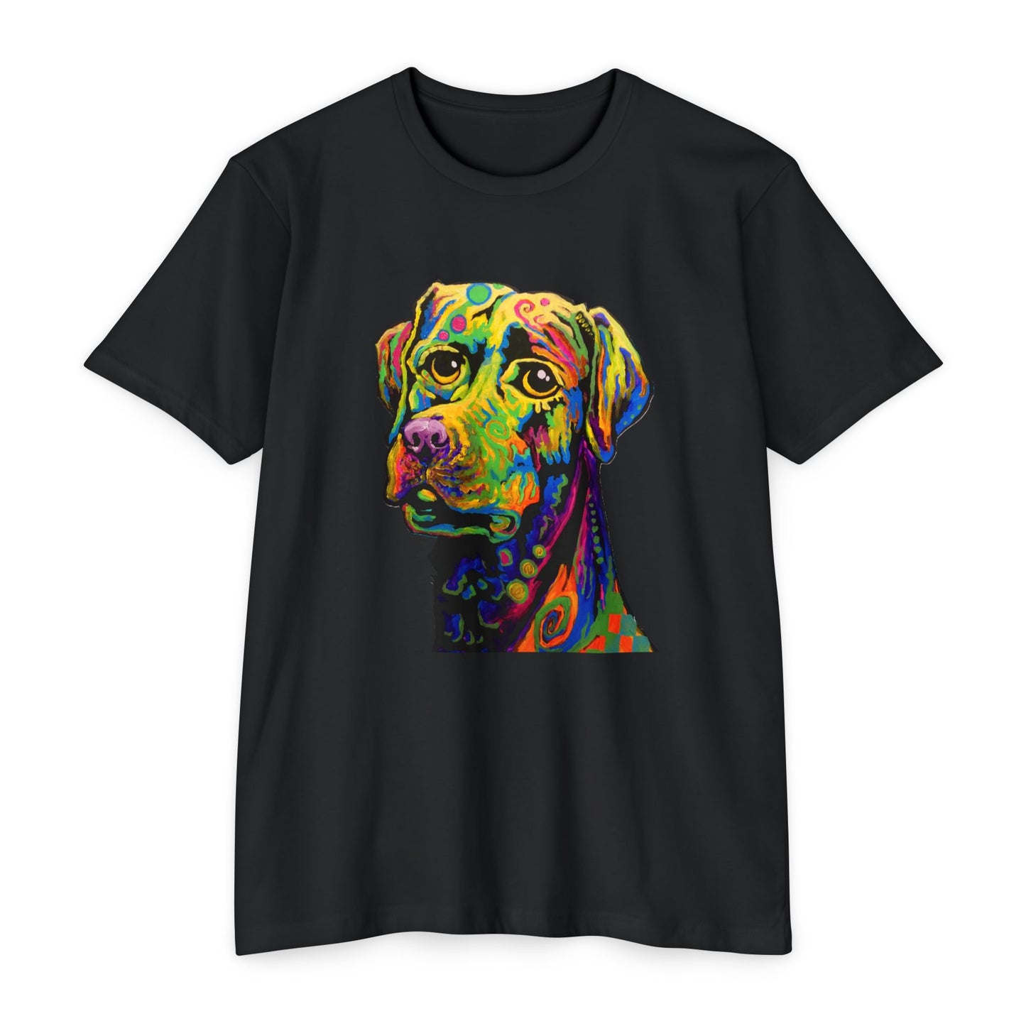 Rainbow Lab Tshirt by Noto the Artist. Colorful Dog T-Shirt, Fun Graphic Tee, Pet Lover Gift, Unisex CVC Jersey Shirt, Casual Wear, Birthday Present, Dog Art Apparel