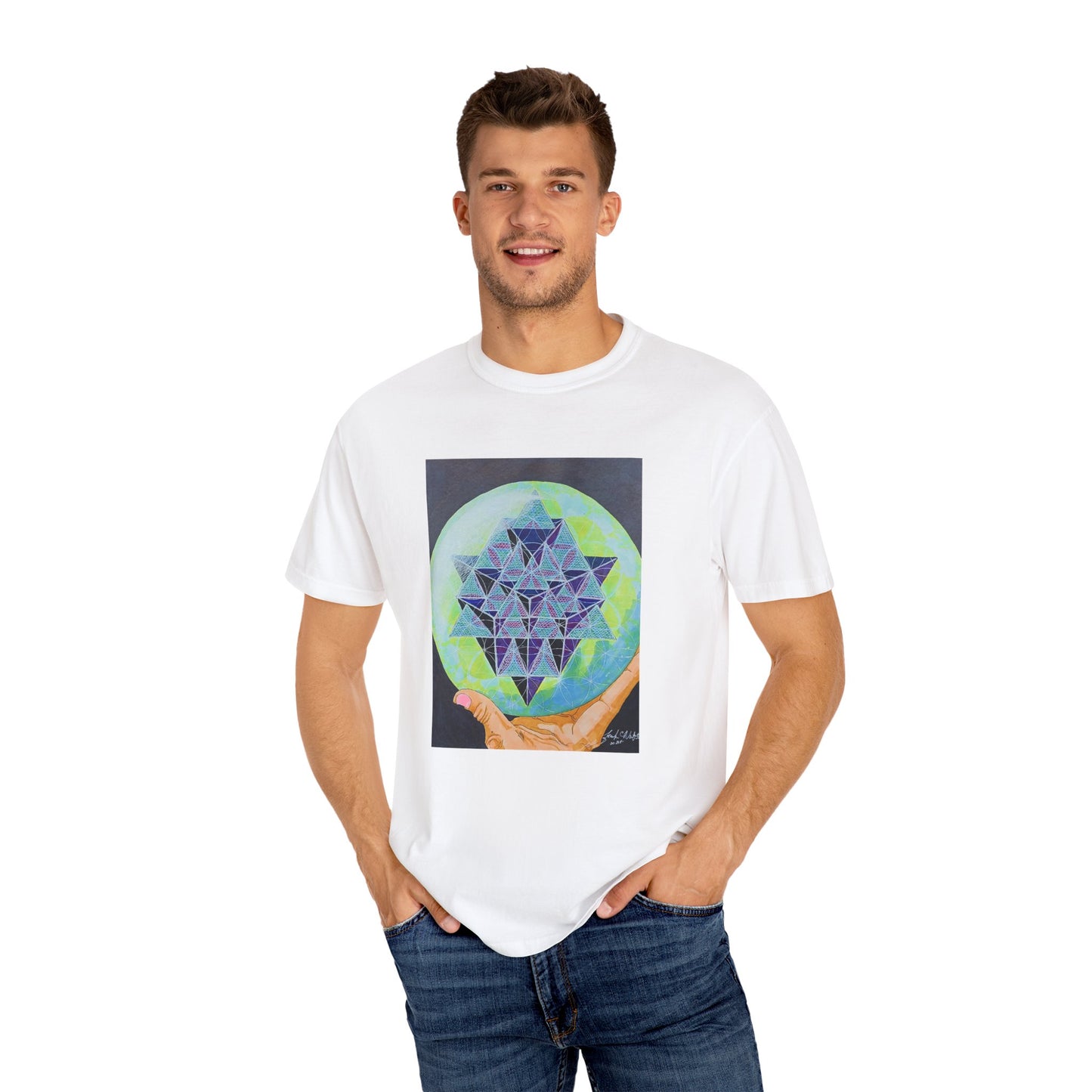 T-shirt with artwork by Frank Noto. Vibrant Artistic Unisex T-Shirt with Sacred Geometry Design, Spiritual Gift, Casual Wear, Festival Fashion, Eco-Friendly Tee