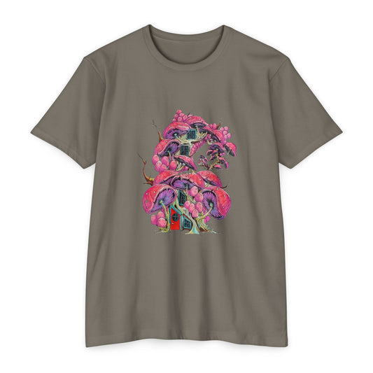 "Pink Mushroom House" artwork by Noto the Artist. Vibrant Artistic T-Shirt, Colorful Tee, Unisex Graphic Shirt, Casual Wear, Gift for Art Lovers, Stylish Everyday Top