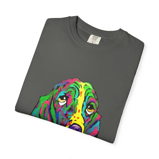 Colorful Dog Art T-Shirt, Unisex Garment-Dyed Tee, Pet Lover Gift, Fun Graphic Shirt, Artistic Apparel, Animal Art Apparel featuring "rainbow basset" painting by noto the artist