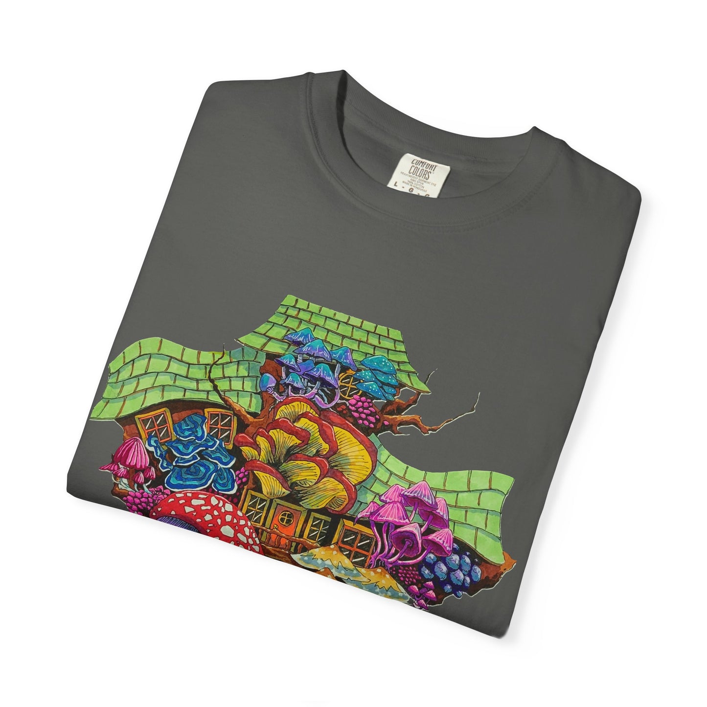 "Rainbow Mushroom House" T-shirt with artwork by Frank Noto