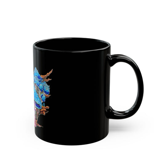 "Blue Mushroom House' Mug. with illustration by Frank Noto. Enchanting Fantasy-Themed Black Mug | Perfect for Coffee Lovers, Gift for Friends, Cozy Vibes, Home Decor, Unique Art