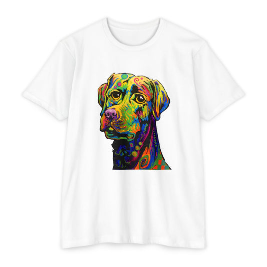 Rainbow Lab Tshirt by Noto the Artist. Colorful Dog T-Shirt, Fun Graphic Tee, Pet Lover Gift, Unisex CVC Jersey Shirt, Casual Wear, Birthday Present, Dog Art Apparel