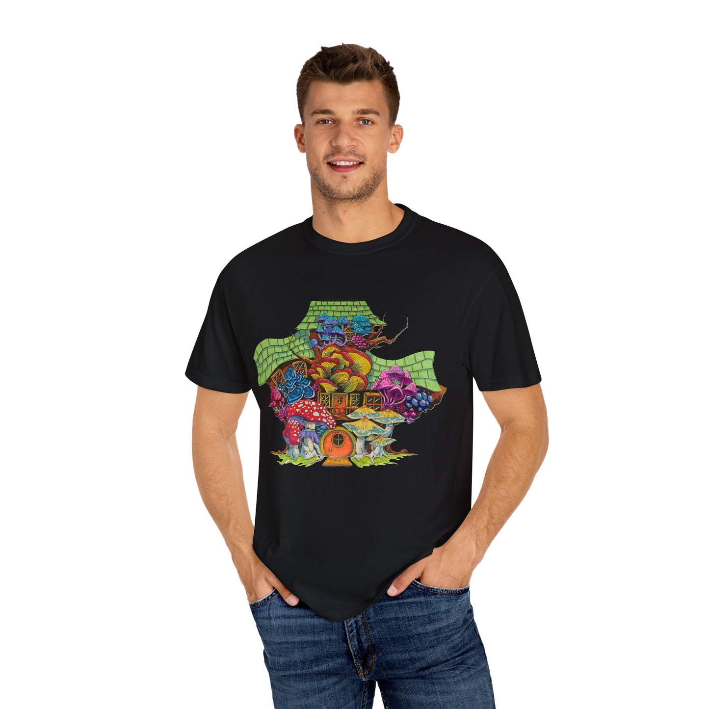 "Rainbow Mushroom House" T-shirt with artwork by Frank Noto