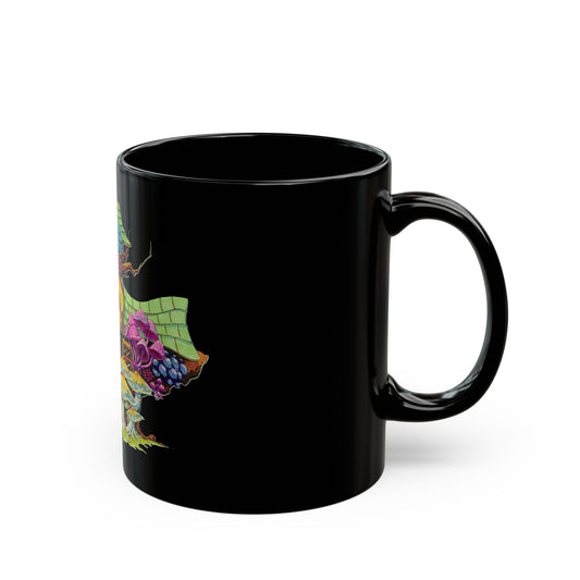 "Rainbow Mushroom House" Mug by Noto the Artist .... Colorful Fantasy Mushroom Black Mug - Unique Gift for Nature Lovers, Tea & Coffee Enthusiasts, Home Decor, Kitchen Essentials, Botanical Art