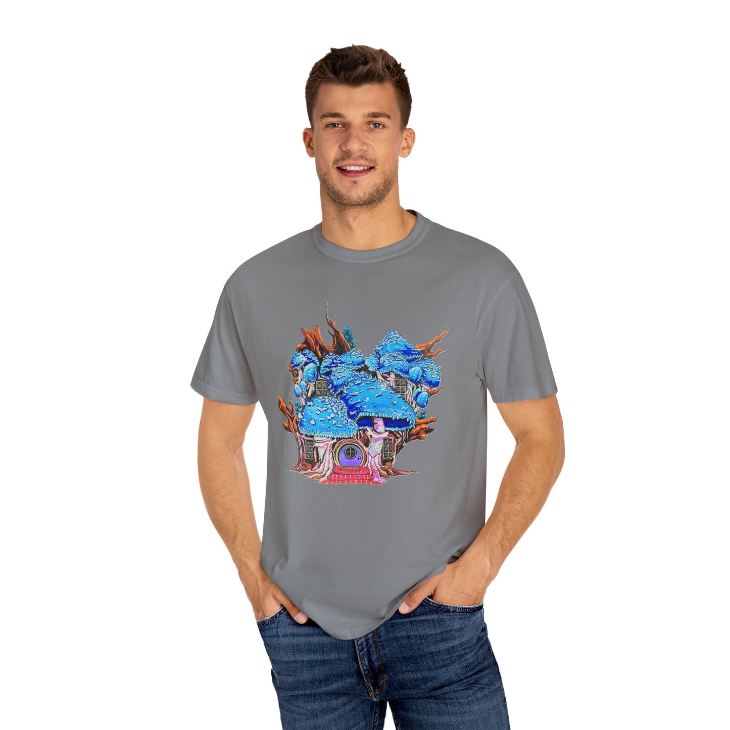 "Blue Mushroom House" T-shirt featuring artwork by Frank Noto