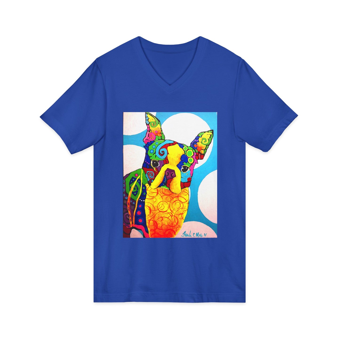"Boston Terrier" vneck tshirt with a painting by Frank NotoColorful Dog Art V-Neck Tee