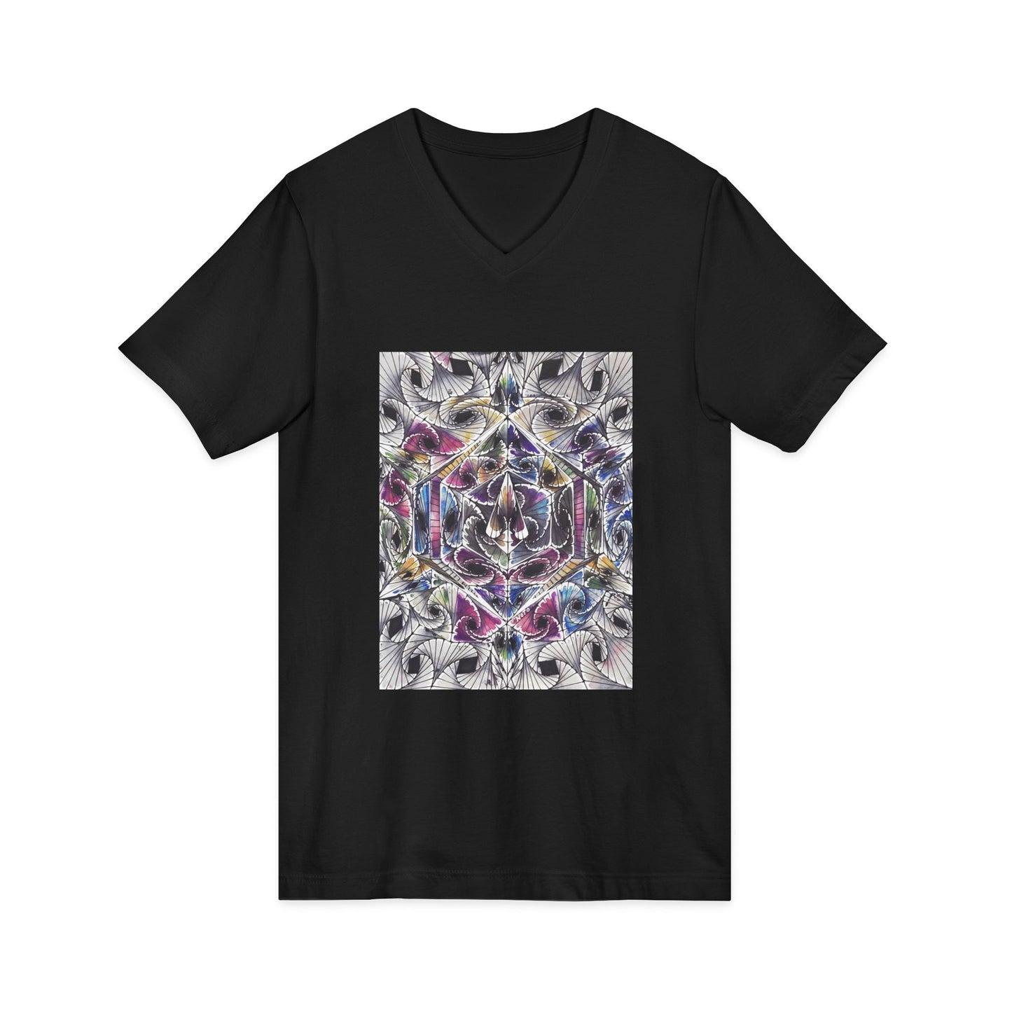 "Waves of Reality" tshirt with artwork by Noto the Artist. Vibrant Mandala V-Neck Tee - Unisex Graphic Shirt for Yoga, Meditation, Gift, Spiritual Awakening, Casual Wear