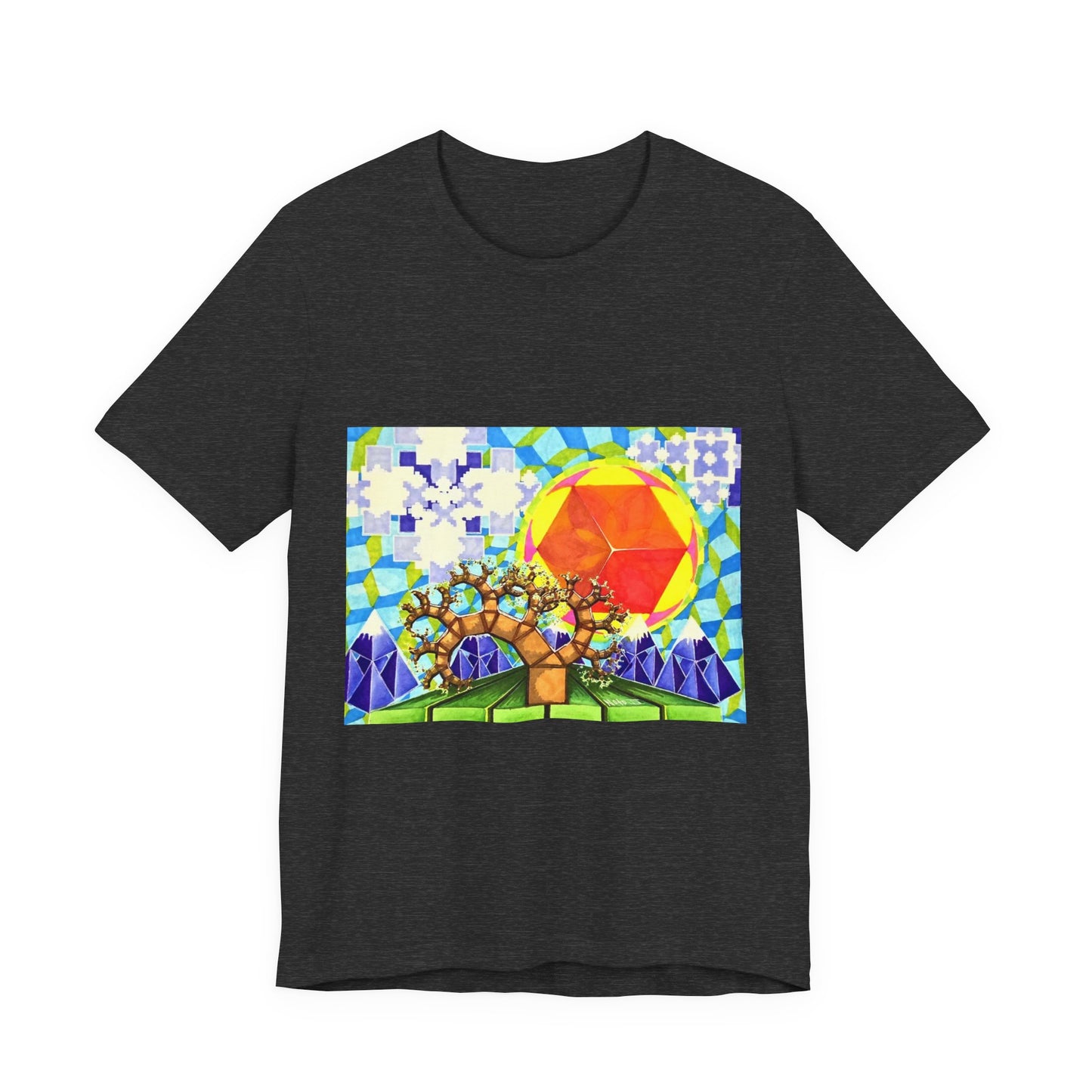 "Spring in the Valley of Sacred Geometry" Tshirt with artwork by Noto the Artist. Geometric Sun & Tree T-Shirt — Colorful Abstract Nature Tee