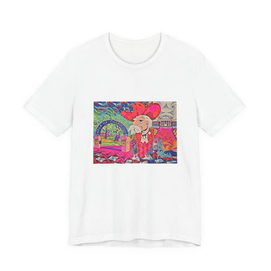 "Ole Miss Daytripper" Tshirt Psychedelic Cityscape Tee — Colorful Vintage Dog in Hat Graphic T-Shirt