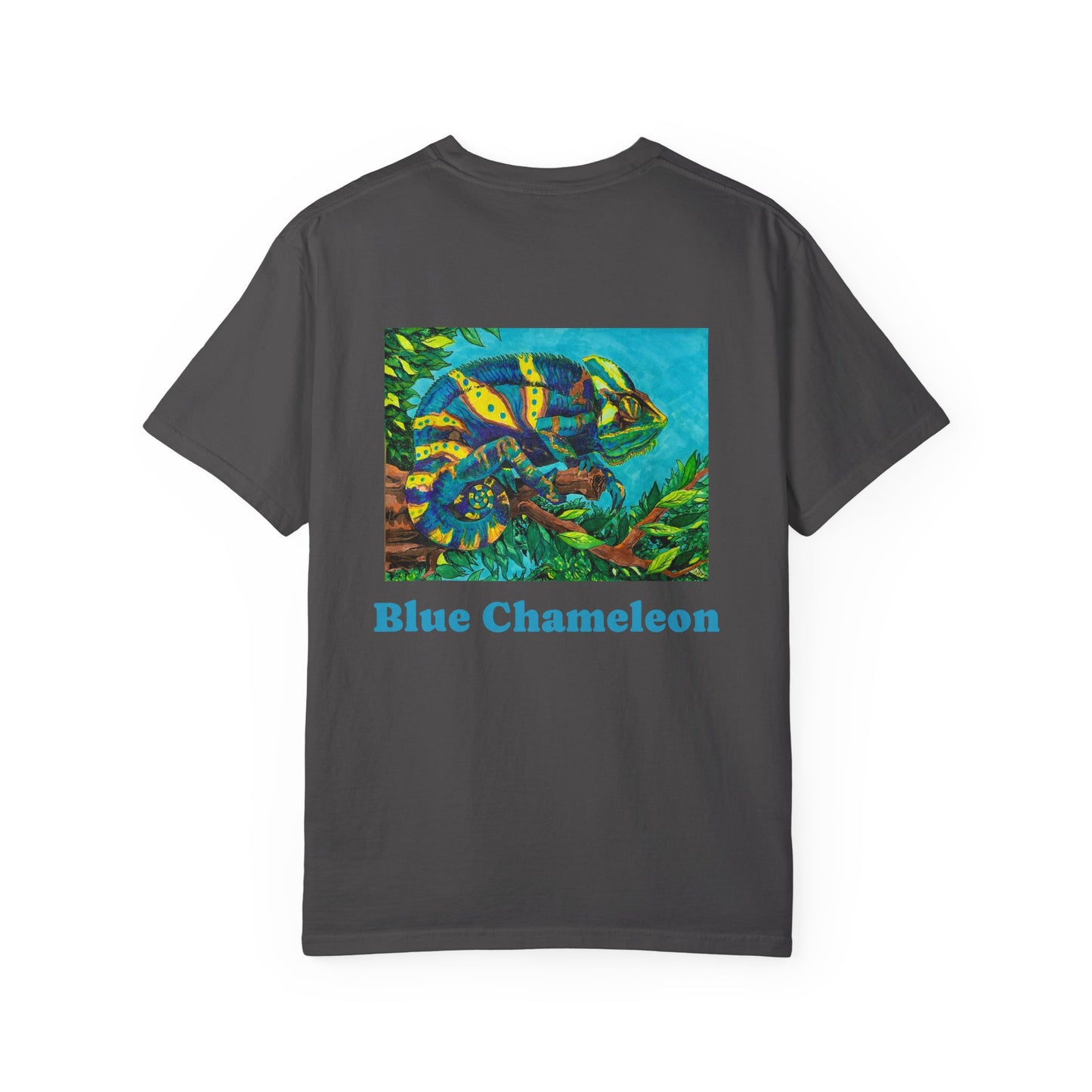 Garment-Dyed T-Shirt with Artwork by Noto the Artist "Blue Chameleon".  From 0riginal hand drawn work by mississppi artist Frank Noto