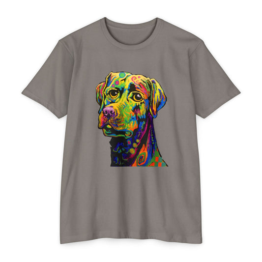 Rainbow Lab Tshirt by Noto the Artist. Colorful Dog T-Shirt, Fun Graphic Tee, Pet Lover Gift, Unisex CVC Jersey Shirt, Casual Wear, Birthday Present, Dog Art Apparel