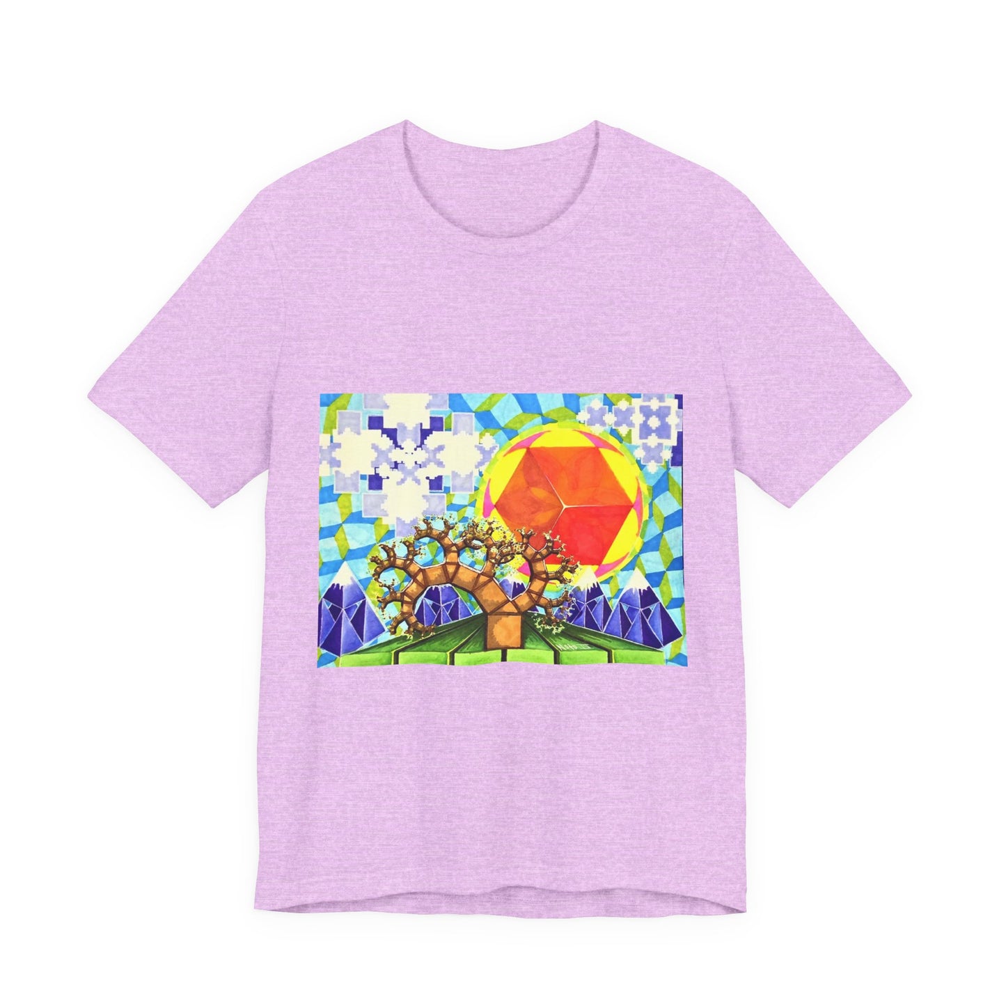 "Spring in the Valley of Sacred Geometry" Tshirt with artwork by Noto the Artist. Geometric Sun & Tree T-Shirt — Colorful Abstract Nature Tee