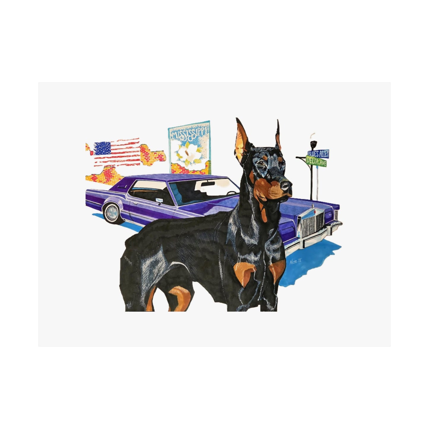 "Mississippi Delta Hound Blues"Doberman & Lowrider Poster — Vintage American Street Art Print