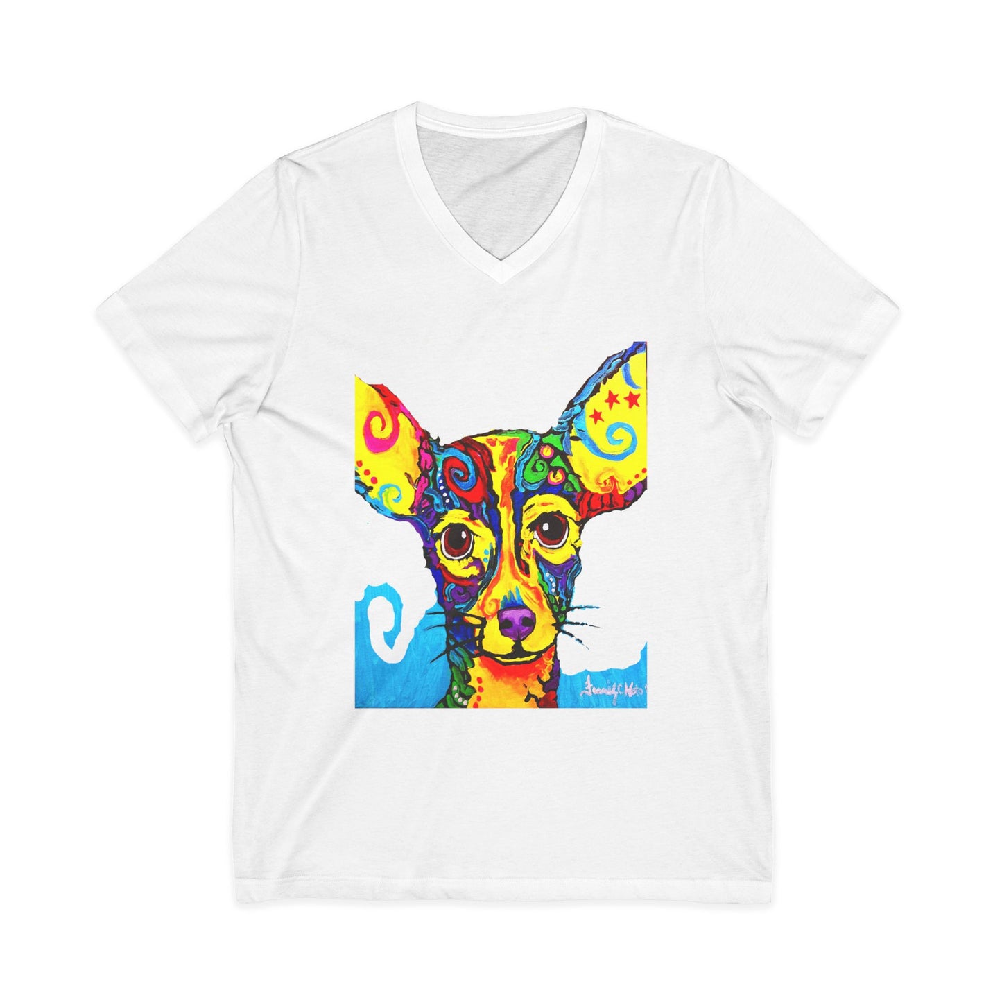 Colorful Chihuahua Art V-Neck Tee featuring a painting by Frank Noto