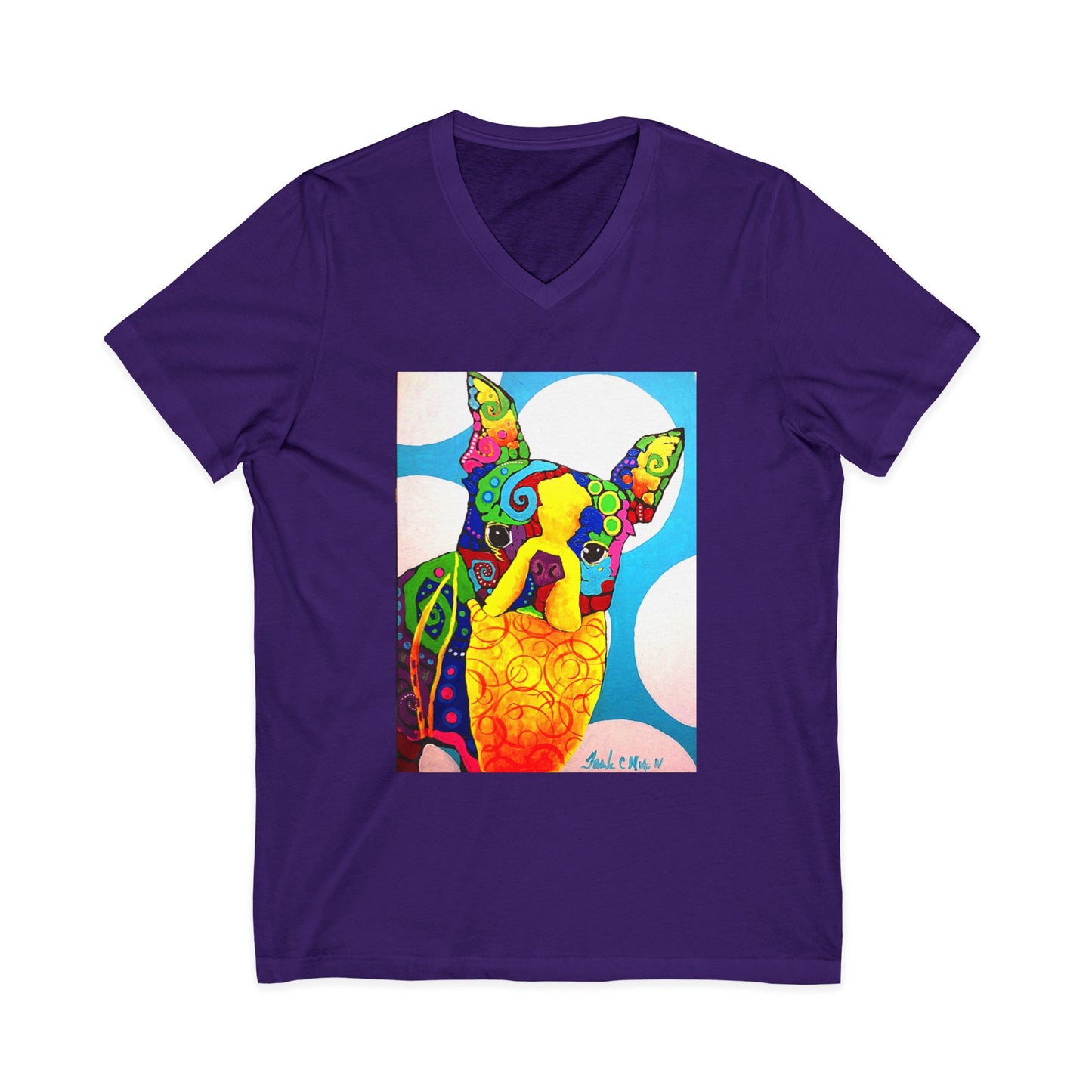"Boston Terrier" vneck tshirt with a painting by Frank NotoColorful Dog Art V-Neck Tee