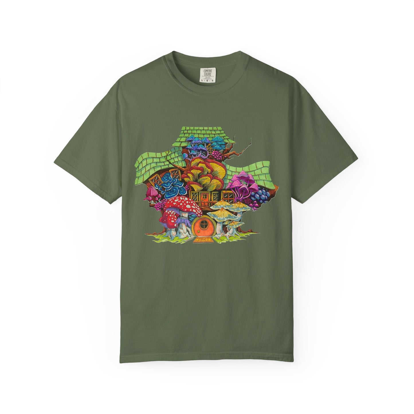 "Rainbow Mushroom House" T-shirt with artwork by Frank Noto