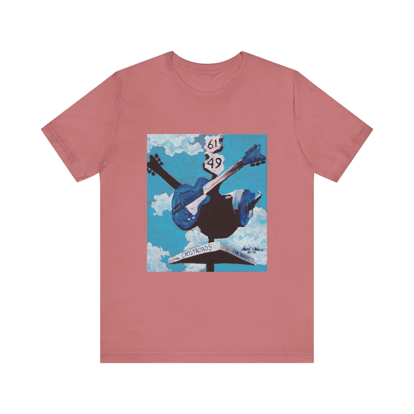 "Crossroads" tshirt featuring a painting by Noto the Artist. Sky Blue Guitar Graphic Tee, Music Lover Gift, Artsy Casual Wear, Concert T-shirt, Festival Outfit