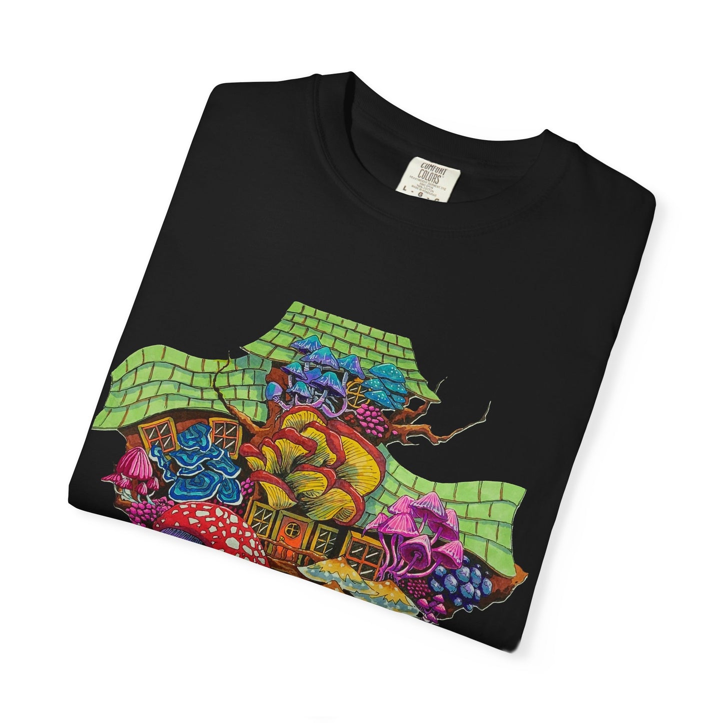 "Rainbow Mushroom House" T-shirt with artwork by Frank Noto