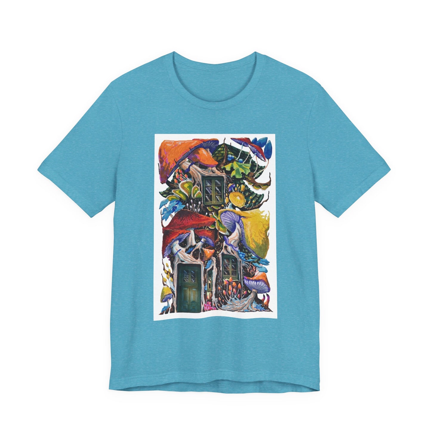 "Mushroom House with the Blue Green Door" tshirt by Noto the Artist. Surreal Cottage Collage T‑Shirt