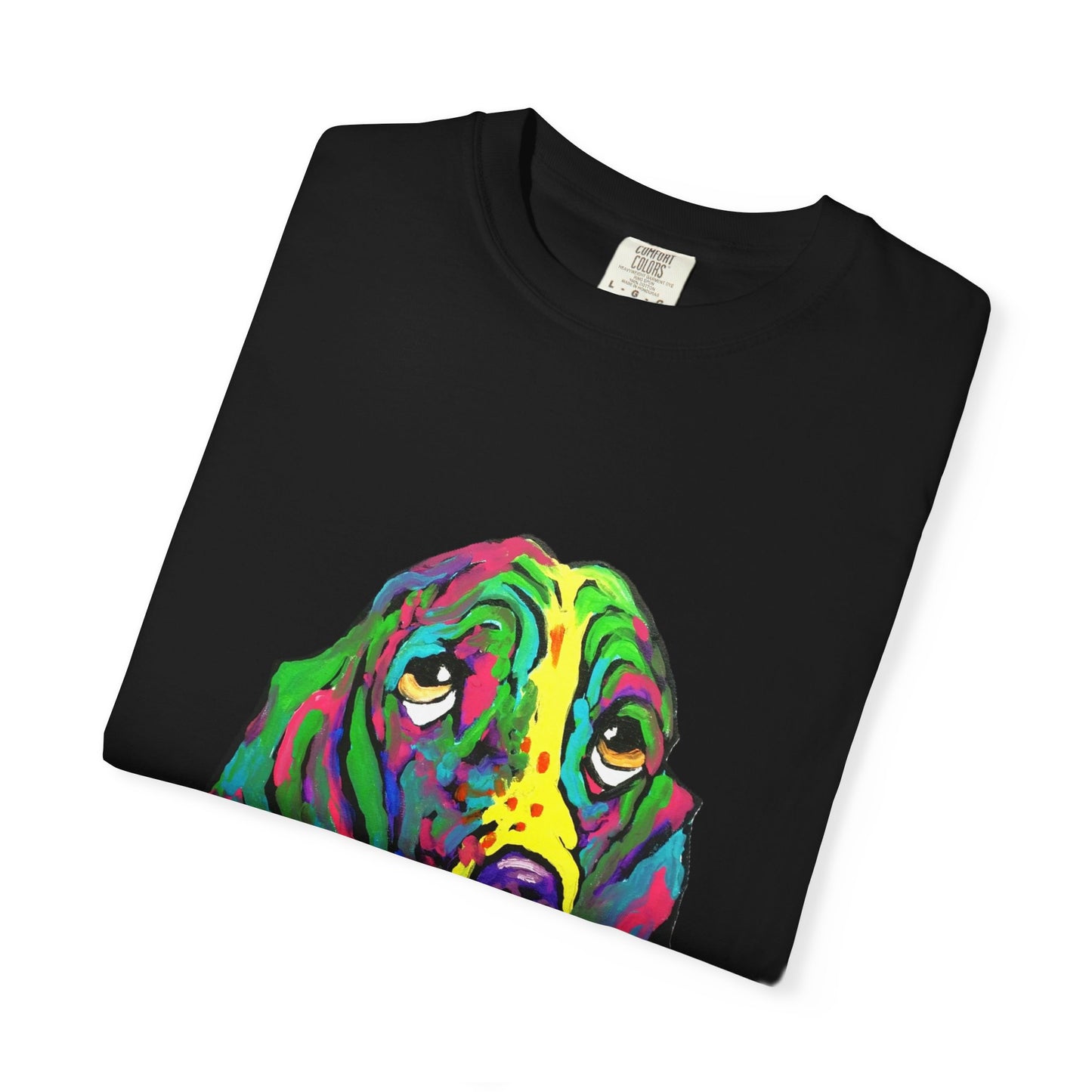 Colorful Dog Art T-Shirt, Unisex Garment-Dyed Tee, Pet Lover Gift, Fun Graphic Shirt, Artistic Apparel, Animal Art Apparel featuring "rainbow basset" painting by noto the artist