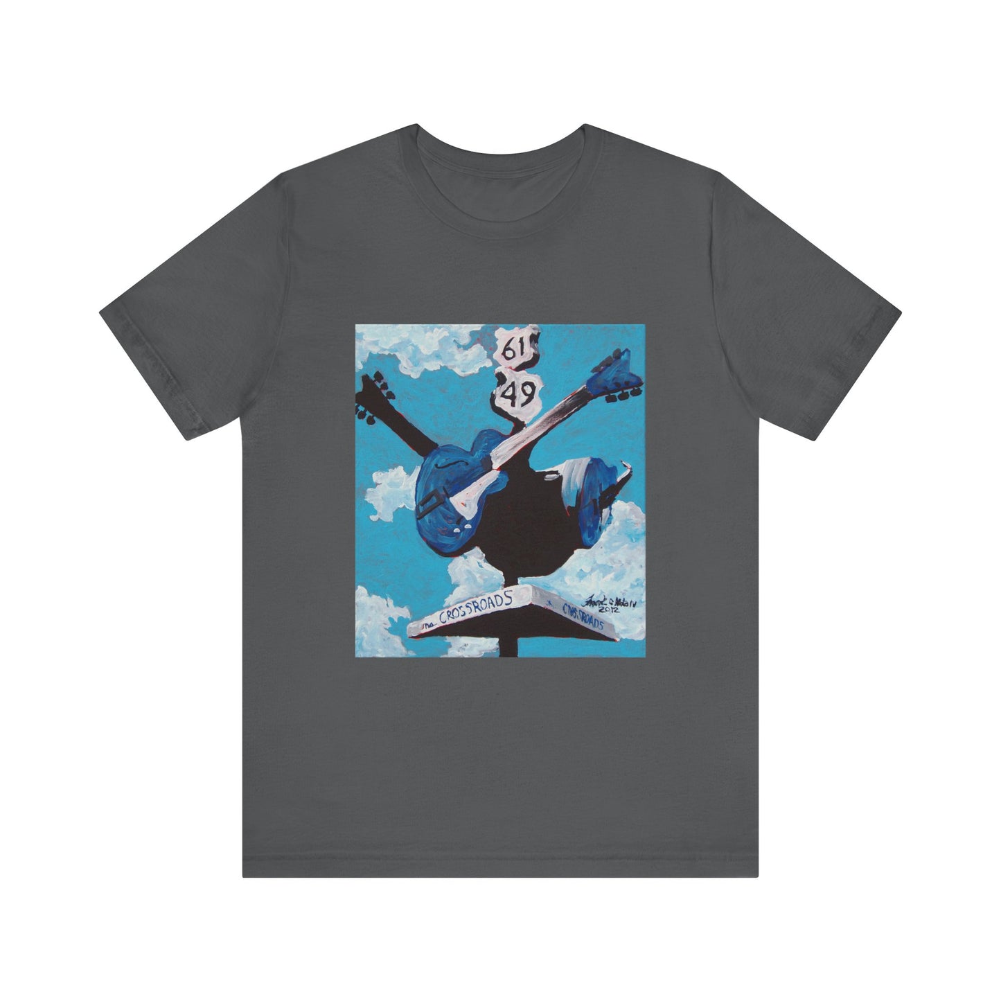 "Crossroads" tshirt featuring a painting by Noto the Artist. Sky Blue Guitar Graphic Tee, Music Lover Gift, Artsy Casual Wear, Concert T-shirt, Festival Outfit