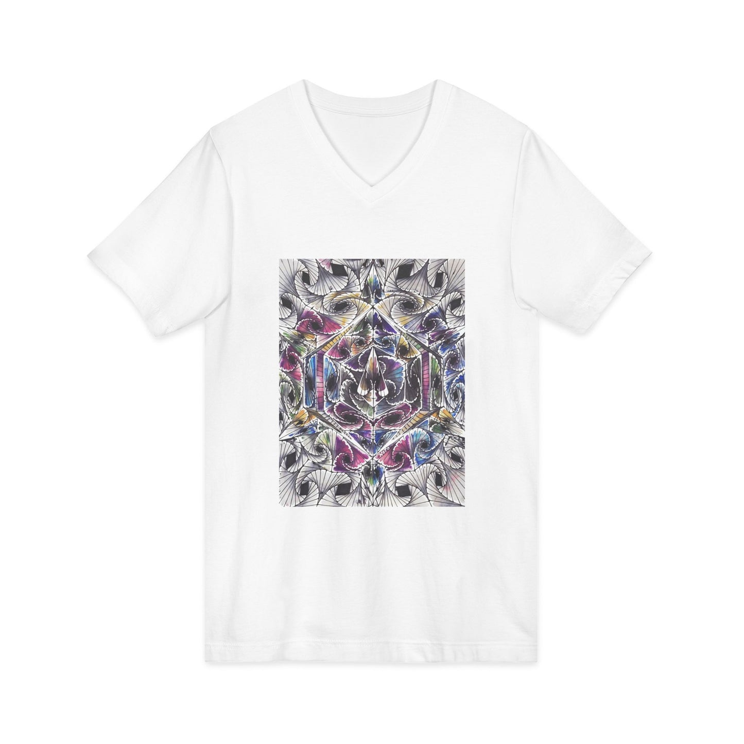 "Waves of Reality" tshirt with artwork by Noto the Artist. Vibrant Mandala V-Neck Tee - Unisex Graphic Shirt for Yoga, Meditation, Gift, Spiritual Awakening, Casual Wear