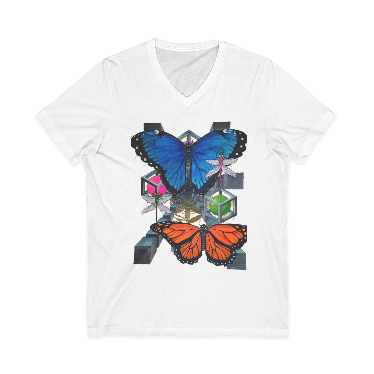 "Echoes of Butterfly Wings" tshirt featuring artwork by Frank Noto. Butterfly Geometric V-Neck Tee — Blue & Orange Monarch Art