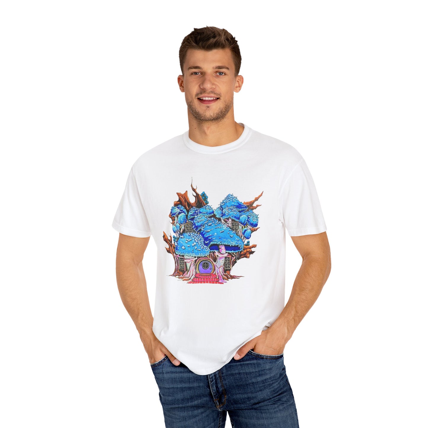 "Blue Mushroom House" T-shirt featuring artwork by Frank Noto