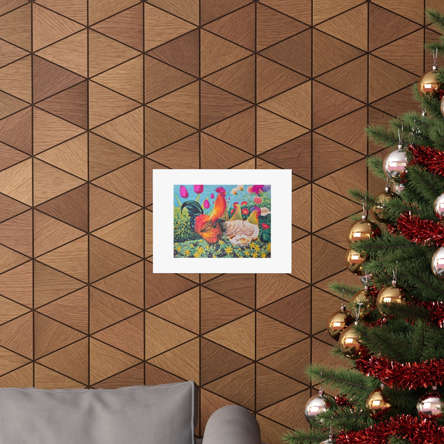 "Chicks love Flowers" illustrated by Frank Noto. Colorful Rooster & Hens Matte Poster — Farmhouse Floral Animal Wall Art