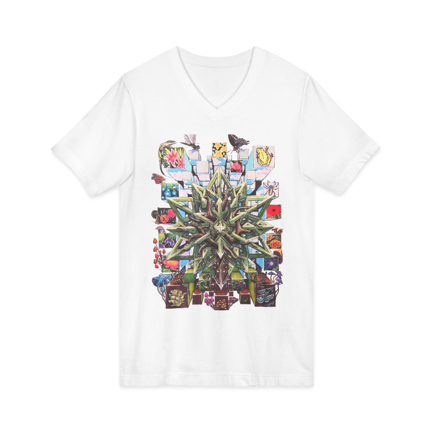 "Particle of an Explosion of Nature" Botanical Mosaic V-Neck Tee — Geometric Succulent Art T-Shirt