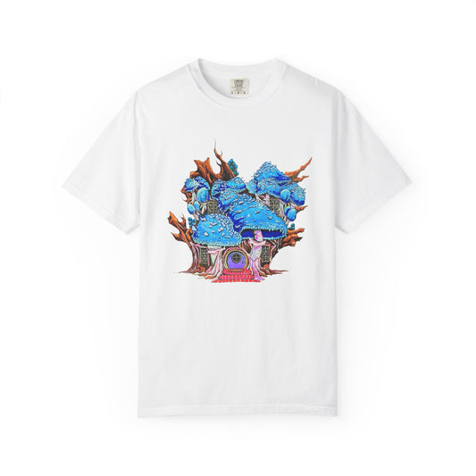 "Blue Mushroom House" T-shirt featuring artwork by Frank Noto
