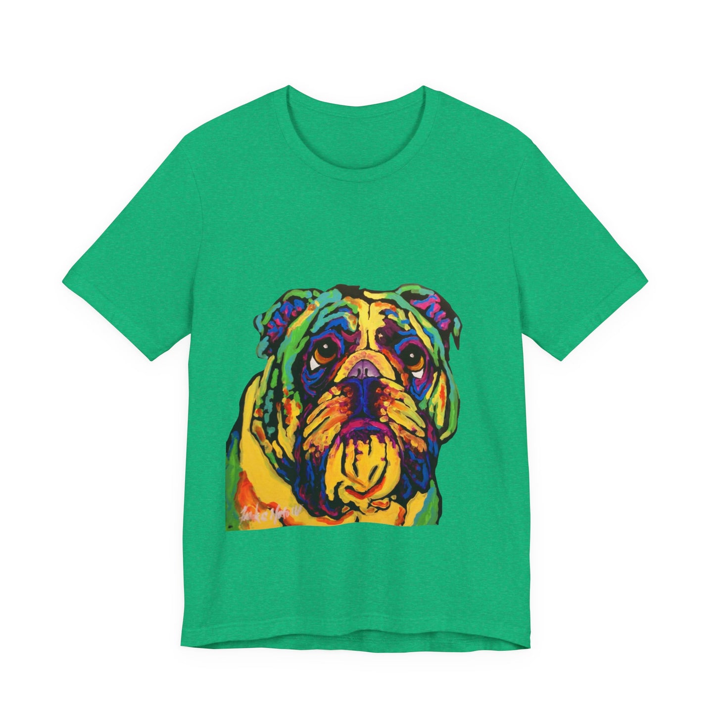 "Bulldog" T-shirt featuring a painting of a bulldog by Noto the Artist. Colorful Bulldog Art Unisex Tee, Pet Lover Gift, Dog Shirt, Casual Wear, Animal Lover Tee, Fun Graphic T-Shirt