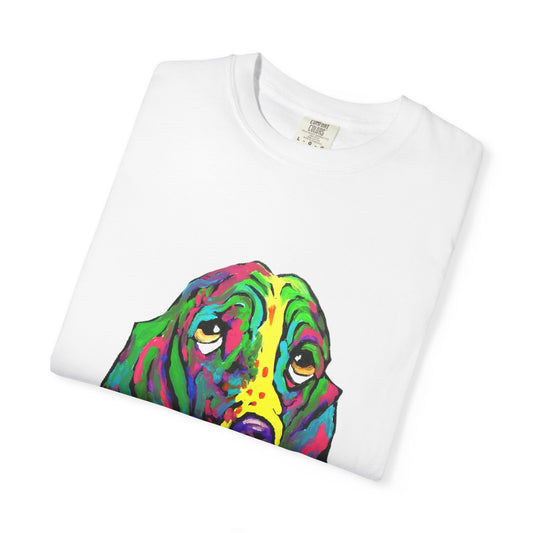 Colorful Dog Art T-Shirt, Unisex Garment-Dyed Tee, Pet Lover Gift, Fun Graphic Shirt, Artistic Apparel, Animal Art Apparel featuring "rainbow basset" painting by noto the artist