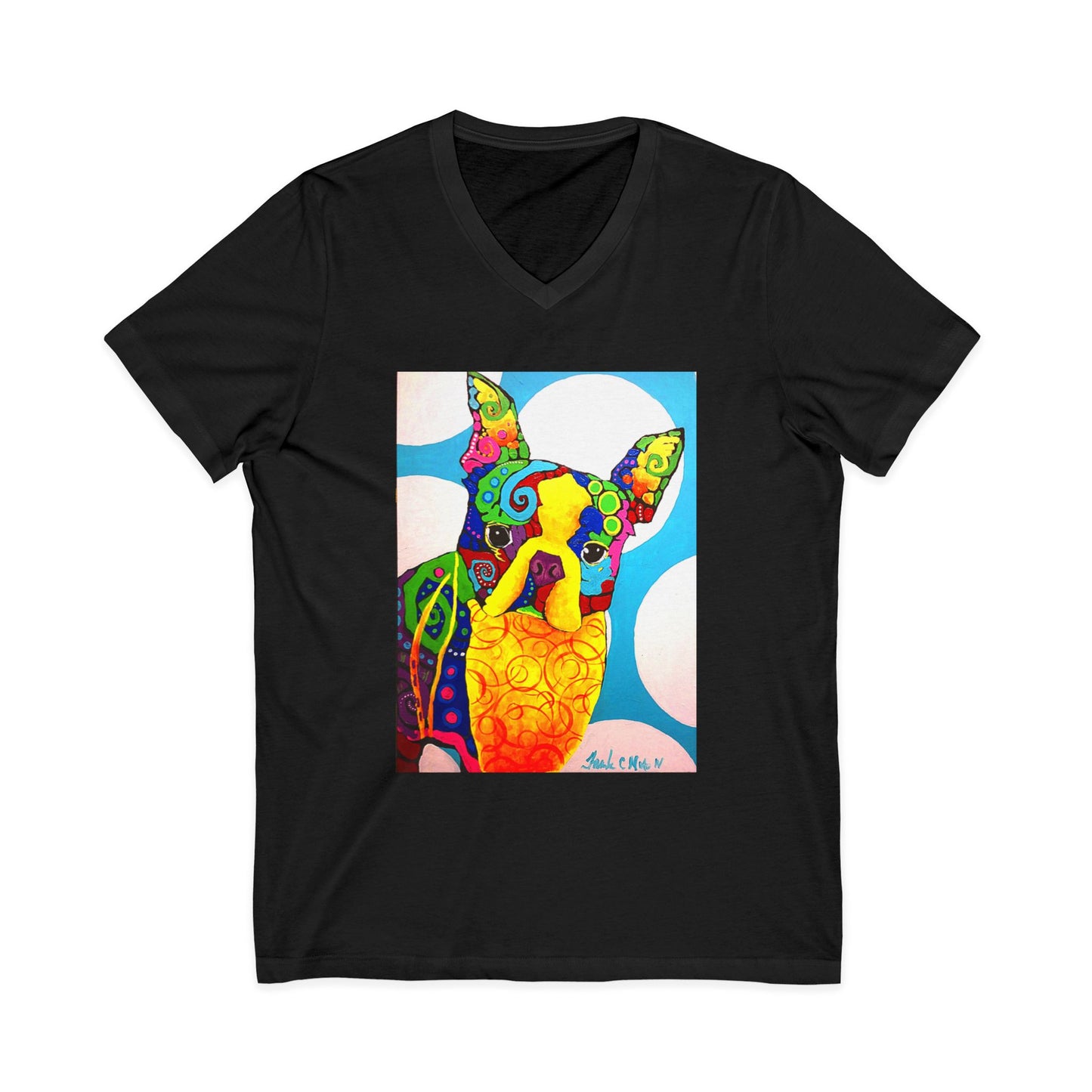 "Boston Terrier" vneck tshirt with a painting by Frank NotoColorful Dog Art V-Neck Tee