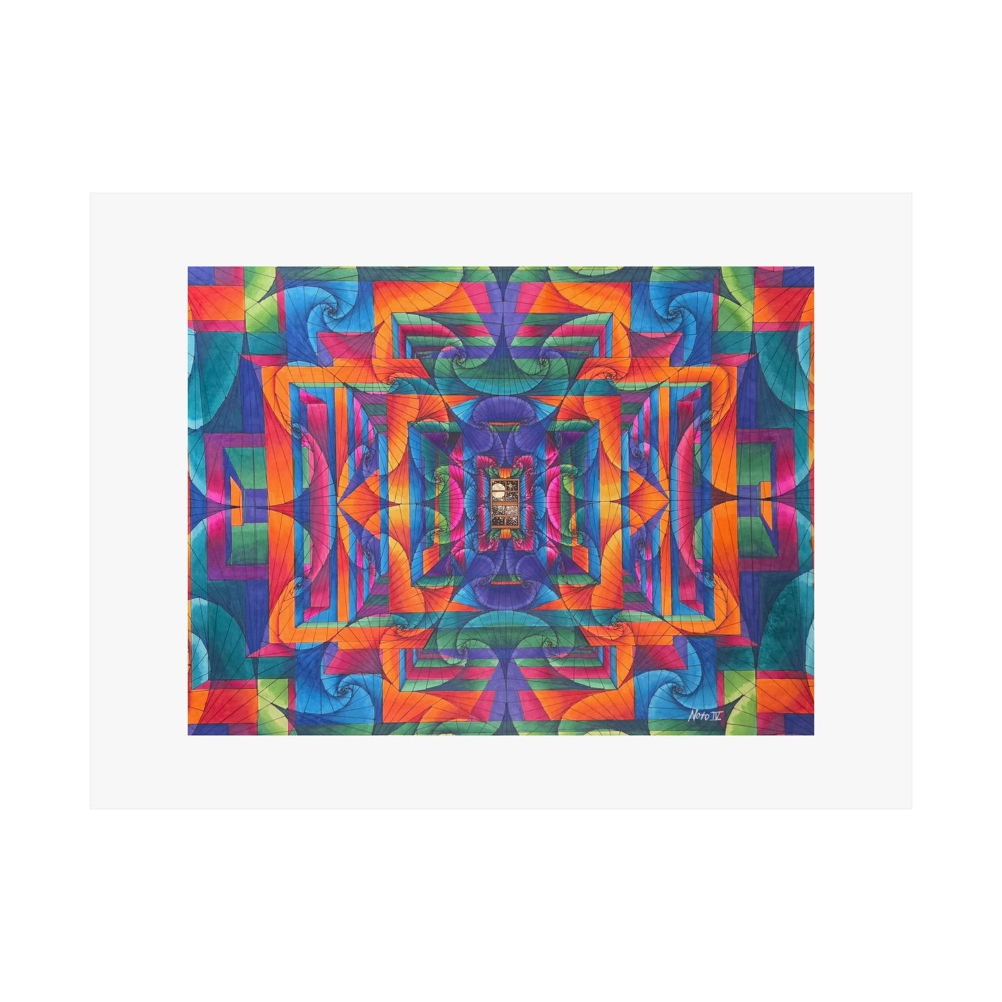 "I can see the Moon through my window" hand illustrated artwork print. Abstract Geometric Kaleidoscope Poster — Vibrant Symmetry Matte Horizontal Print