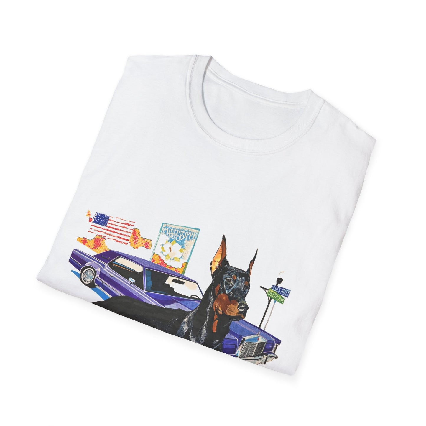 "Mississippi Delta Hound Blues" Doberman & Classic Car T-Shirt — Retro Muscle Car Dog Graphic Tee